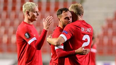 from left: Antwerp's Simen Juklerod, Birger Verstraete and Ritchie De Laet at the Bosuilstadion in Antwerp. PA