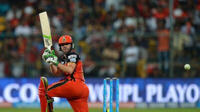AB de Villiers on his way to an unbeaten 79 against Gujarat Lions. Manjunath Kiran / AFP