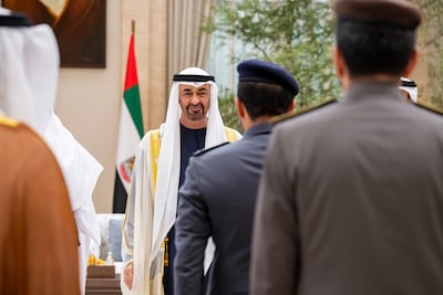 President Sheikh Mohamed receives guests at an Eid Al Adha reception. Photo: UAE Presidential Court