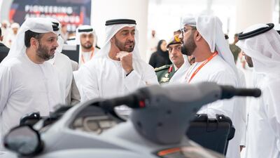 Sheikh Mohamed bin Zayed visits the Edge stand at Umex. Seen with Faisal Al Bannai.