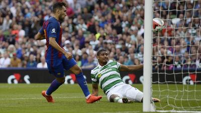 Munir El Haddadi scores the third goal for Barcelona in the International Champions Cup football match between Barcelona and Celtic at the Aviva Stadium in Dublin on July 30, 2016. Clodagh Kilcoyne / Reuters