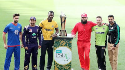 Pakistan Super League captains from left to Right: Karachi Kings' Imad Wasim, Quetta Gladiators' Sarfraz Ahmed, Peshawar Zalmi's Darren Sammy, Islamabad United's Misbah-ul-Haq, Lahore Qalandars' Brendon McCullum, and Multan Sultans' Shoaib Malik. Pawan Singh / The National