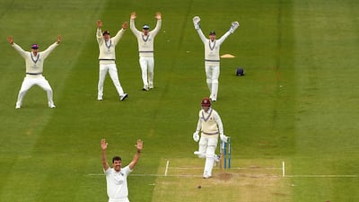 Middlesex bowler Steven Finn unsuccessfully appeals for the wicket of Somerset's Tom Abell during day 2 of the County Championship match at the County Ground on Friday, April 30. Getty