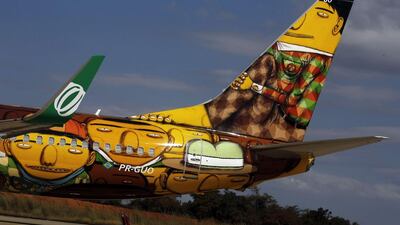 An images of the tail of Brazil's World Cup plane. Nacho Doce / Reuters / May 27, 2014