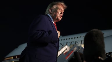 JOINT BASE ANDREWS, MARYLAND - AUGUST 11: U. S. President Donald Trump speaks to reporters after stepping off Air Force One on August 11, 2026 in Joint Base Andrews, Maryland. President Trump is returning to Washington, DC after traveling to Ohio to attend the 2026 Patriot Games. Anna Moneymaker / Getty Images / AFP (Photo by Anna Moneymaker / GETTY IMAGES NORTH AMERICA / Getty Images via AFP)