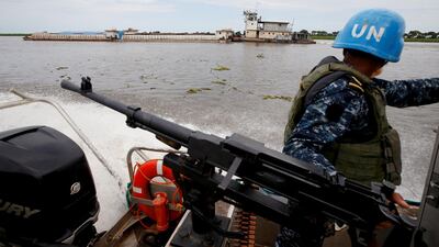A Bangladeshi Navy peacekeeper patrolling on the white Nile in the Upper Nile state of South Sudan, September 8, 2018. Reuters