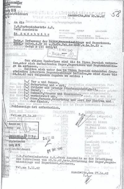 Written exchanges about detaining Arabs and Africans between the Nazis in Auschwitz and a nearby German-owned factory. Courtesy of the Auschwitz-Birkenau State Museum