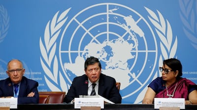 Christopher Sidoti, Marzuki Darusman and Radhika Coomaraswamy, members of the Independent International Fact-finding Mission on Myanmar attend a news conference on the publication of its final written report at the United Nations in Geneva. Reuters