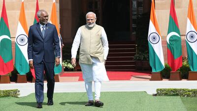 Maldives President Mohamed Muizzu, left, and Indian Prime Minister Narendra Modi meet in New Delhi. EPA