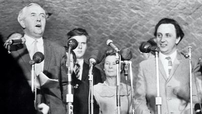 Mr. Harold Wilson speaking during the reopening of the Cavern Club - home of Mersey Beat pop music with him are his wife and their son Giles and comedian Ken Dodd. Getty