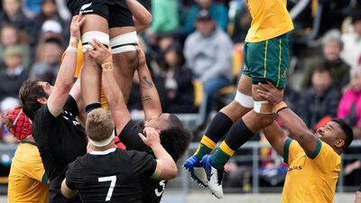 New Zealand's Patrick Tuipulotu, left, and Australia's Pete Samu compete for lineout ball during the Bledisloe Cup rugby game between the All Blacks and the Wallabies in Wellington, New Zealand. AP Photo