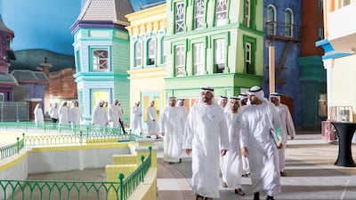 Sheikh Mohammed bin Zayed, Crown Prince of Abu Dhabi and Deputy Supreme Commander of the Armed Forces, inspects the construction site of Warner Bros World Abu Dhabi with Mohammed Al Mubarak, chairman of the Department of Culture and Tourism Abu Dhabi, in March. Rashed Al Mansoori / Crown Prince Court - Abu Dhabi