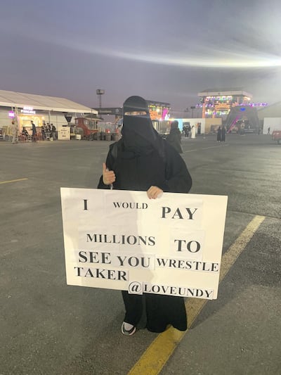 Samah Azhari's sign for Super ShowDown. Evelyn Lau / The National