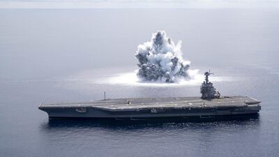 The aircraft carrier USS Gerald R. Ford (CVN 78) completes the first scheduled explosive event of Full Ship Shock Trials while underway in the Atlantic Ocean, June 18, 2021. The US Navy conducts shock trials of new ship designs using live explosives to confirm that warships can continue to meet demanding mission requirements under harsh conditions they might encounter in battle. Photo: US Navy