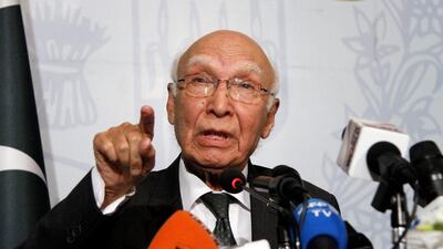 Sartaj Aziz, adviser to the prime minister of Pakistan on national security and foreign affairs was due to arrive in New Delhi on Sunday to meet his counterpart, Ajit Doval. Sohail Shahzad / EPA