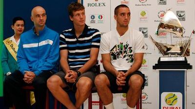 Ivan Ljubicic, Tomas Berdych, and Viktor Troicki at the draw for the Dubai Duty Free Tennis Championships.