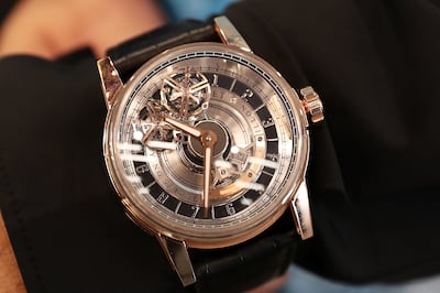 A Dh1.5 million Louis Moinet watch on display at the 2021 edition of Dubai Watch Week. Pawan Singh / The National.