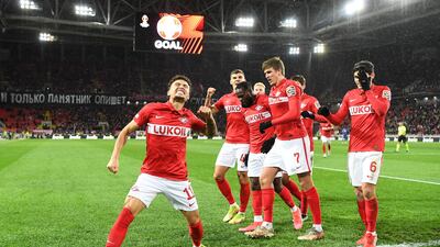 Spartak Moscow's Jordan Larsson celebrates with teammates after scoring their second goal. AFP