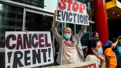 People protest in favour of a moratorium on evictions at a rally in New York City on August 4. AP Photo