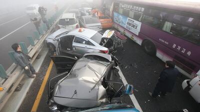 The pile-up involving 105 vehicles appeared to have started when a limousine ran into the back of a car, an Incheon police station spokesman said. Suh Myung-gon / Yonhap / AP Photo