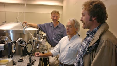 French scientist Gerard Mourou, centre, was one of three winners of the 2018 Nobel Prize in Physics. The other recipients, not pictured, were American Arthur Ashkin, and Canadian Donna Strickland AP
