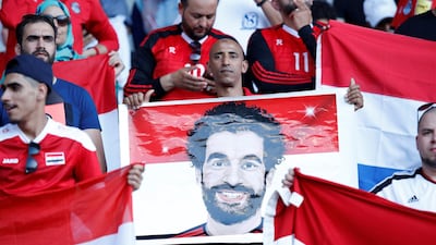 Soccer Football - International Friendly - Belgium vs Egypt - King Baudouin Stadium, Brussels, Belgium - June 6, 2018 Eygpt fans with a banner of Mohamed Salah before the match REUTERS/Francois Lenoir