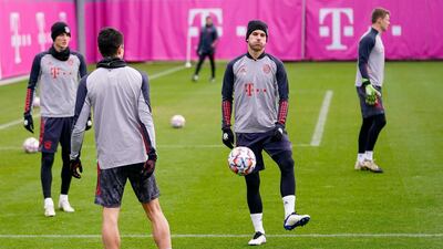 Byern defender Lucas Hernandez passes the ball at training. Getty