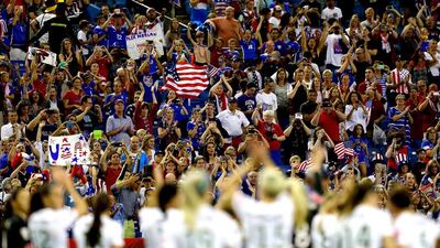 The United States celebrate their 2-0 victory against Germany in the Women’s World Cup semi-final at Olympic Stadium earlier this week. Elsa / Getty Images / AFP