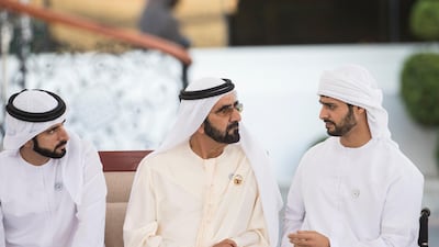 Sheikh Zayed bin Hamdan meets with Sheikh Mohammed bin Rashid, Vice President and Ruler of Dubai, and Sheikh Hamdan bin Mohammed, Crown Prince of Dubai, at a Sea Palace Barza on Monday. On Tuesday Sheikh Mohammed renamed a major road in Dubai after Sheikh Zayed. Ryan Carter for the Crown Prince Court - Abu Dhabi