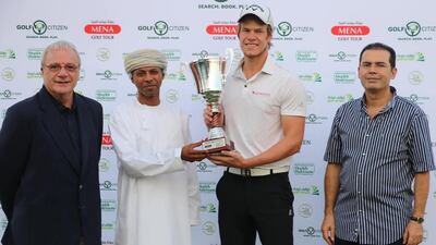 Aaron Leitmannstetter, second from right, overhauled a five-shot deficit to capture the Ghala Open in windy and dusty conditions. Courtesy Mena Golf Tour