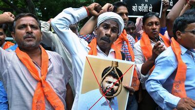 Indian activists of hardline organisation, Hindu Sena, hold posters and shout slogans in support of the death sentence for Yakub Memon, convicted for involvement in 1993 Mumbai attack, in New Delhi, India, on July 29, 2015. Harish Tyagi/EPA