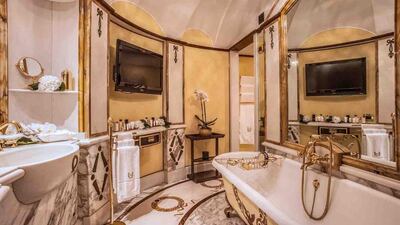 The bathroom of the hotel’s Petronius Suite. Courtesy Waldorf Astoria Hotels & Resorts