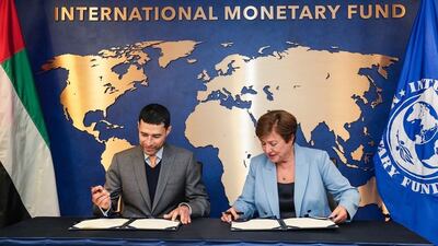 Mohamed Al Hussaini, UAE Minister of State for Financial Affairs, signs an agreement with IMF managing director Kristalina Georgieva on the sidelines of the IMF's Annual Meetings in Washington. Wam