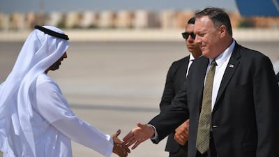 US Secretary of State Mike Pompeo is greeted on his arrival at al-Bateen Air Base in Abu Dhabi on September 19, 2019. AFP