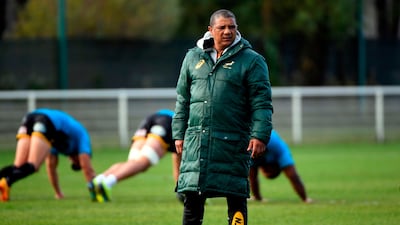 South Africa's head coach Allister Coetzee watches his players during a training session in Paris ahead of their match on Saturday with France. The South Africans are set to beat the French, and Ireland, to hosting the 2023 Rugby World Cup. Lionel Bonaventure / AFP Photo