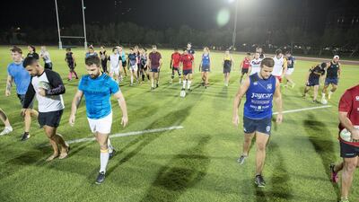 Members of the new Dubai Sports City Eagles rugby team during training at Dubai Sports City. Antonie Robertson / The National