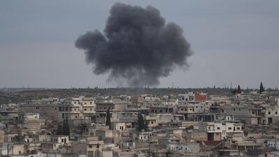 Smoke billows following reported bombardment by Syrian regime forces on the town of Kafr Ruma on the outskirts of Maaret al-Numan, in the northwestern Syrian province of Idlib, on January 27, 2020. AFP / Omar HAJ KADOUR