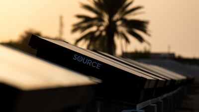 Hydropanels, produced by Zero Mass Water, now known as Source, stand at the planned site of the IBV drinking water plant in Lehbab, Dubai. Bloomberg