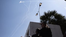 Contrails from interceptions of Iranian missiles in the sky above Israel. Reuters