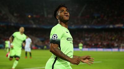Manchester City’s Raheem Sterling celebrates his goal against Sevilla in the Champions League on Tuesday night. Ian Walton / Getty Images