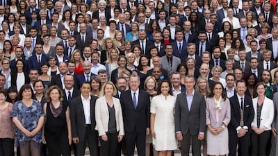 French parliament members from the La République En Marche pose with their newly elected group president Richard Ferrand, front row centre, for a group picture. Gilles Bassignac / AFP