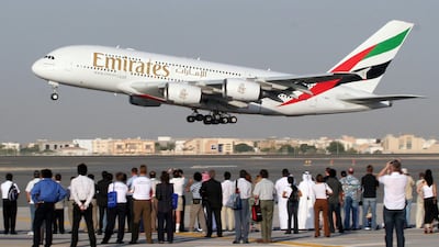 Visitors watching an Emirates Airbus A380 taking off during the Dubai Airshow in 2005. AFP