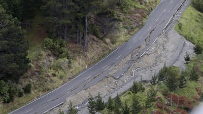 The picture shows earthquake damage on State Highway One, north of Kaikoura. Mark Mitchell / Pool Photo via AP