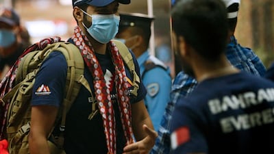 Sheikh Mohamed Hamad Mohamed Al Khalifa, who is planning to climb the Mount Everest, arrives at Tribhuvan International Airport in Kathmandu. AFP