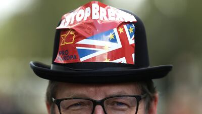 A demonstrator wearing a hat attends a "Stop Brexit" protest. Reuters