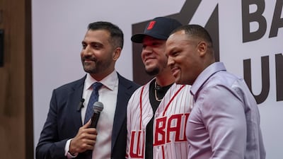 Former MLB stars Felix Hernandez, centre, and Adrian Beltre, right, with Baseball United’s chief executive Kash Shaikh, left, at the official launch of Baseball United’s Dubai Showcase on Thursday, August 3, 2023. All photos: Antonie Robertson / The National