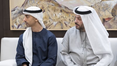 Sheikh Hamdan bin Mohamed bin Zayed, Deputy Chairman of the Presidential Court for Special Affairs, left, and Faisal Abdulaziz Al Bannai, adviser to the UAE President for Strategic Research and Advanced Technology Affairs