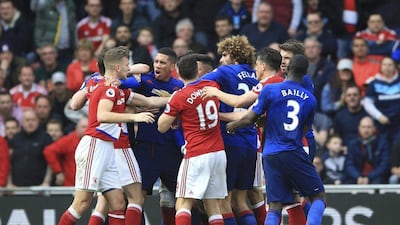 Tempers flare between Middlesbrough and Manchester United players during their English Premier League match at the Riverside Stadium, Middlesbrough, England, Sunday, March 19, 2017. Nigel French / PA