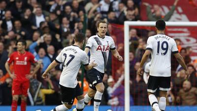 Harry Kane, centre, equalised for Tottenham after Philippe Coutinho opened the scoring for Liverpool. Phil Noble / Reuters