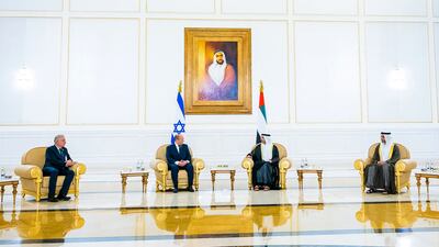 Sheikh Abdullah and Mr Bennett with Mohamed Al Khaja, UAE Ambassador to Israel, and Amir Hayek, Israel's ambassador to the Emirates. Wam